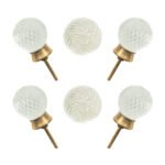 Sparkling clear faceted diamond cut glass knobs with solid brass base, set of 6