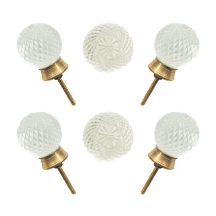 Sparkling clear faceted diamond cut glass knobs with solid brass base, set of 6