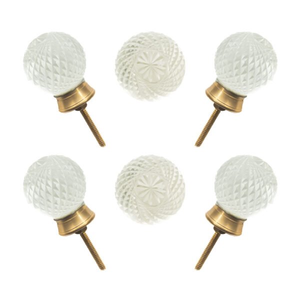 Sparkling clear faceted diamond cut glass knobs with solid brass base, set of 6