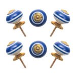Blue and white striped ceramic knobs with gold starburst accents, set of 6