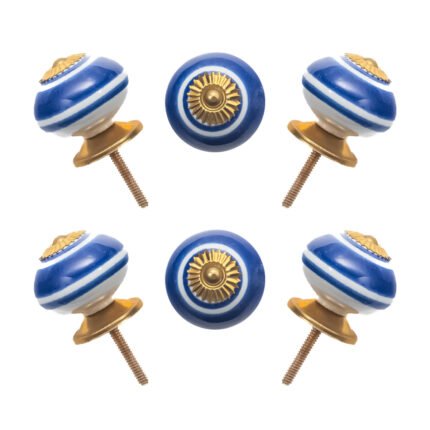 Blue and white striped ceramic knobs with gold starburst accents, set of 6