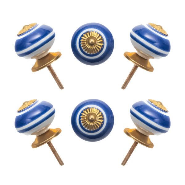 Blue and white striped ceramic knobs with gold starburst accents, set of 6