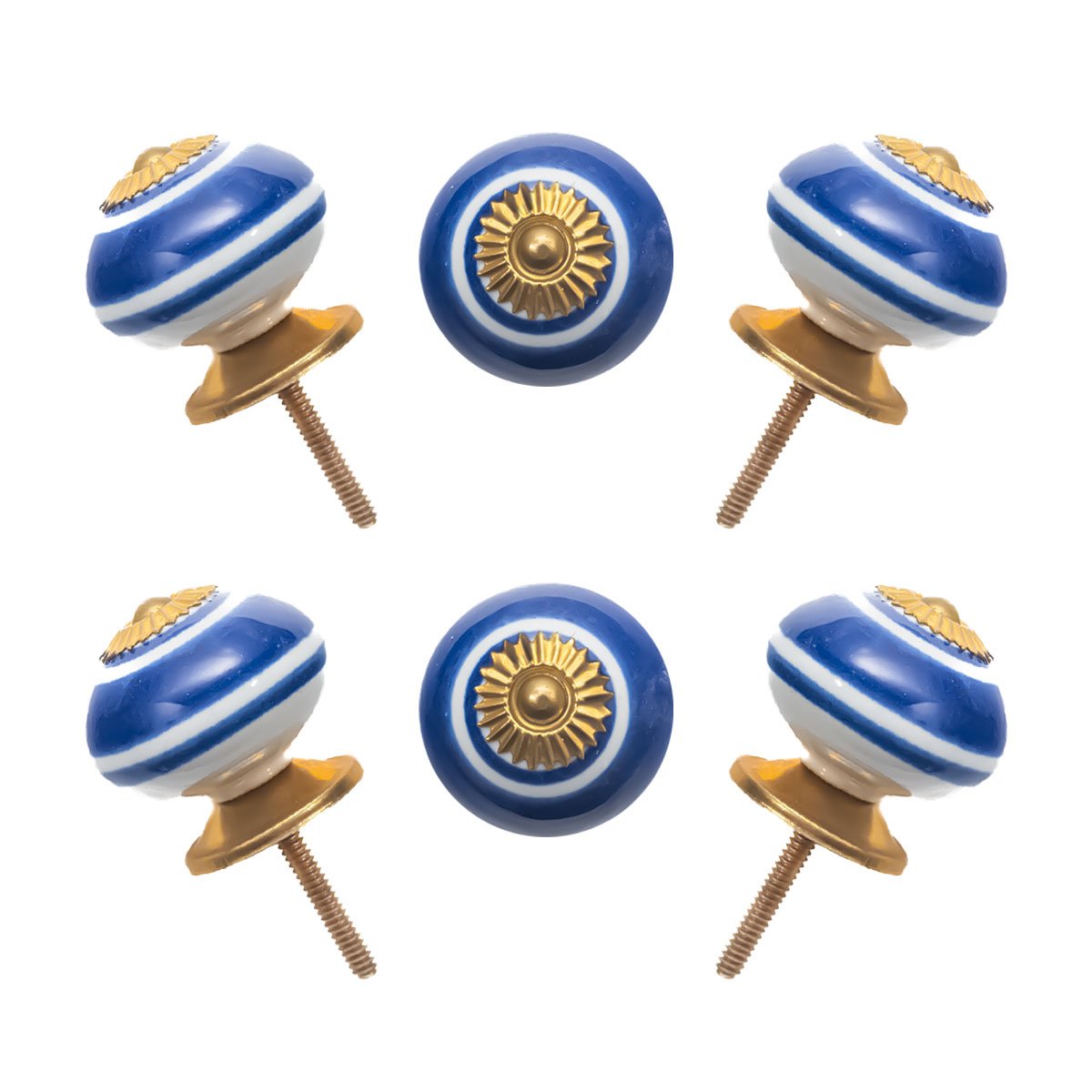 Add a striking touch to your drawers with these blue and white ceramic knobs, featuring a gold starburst design.