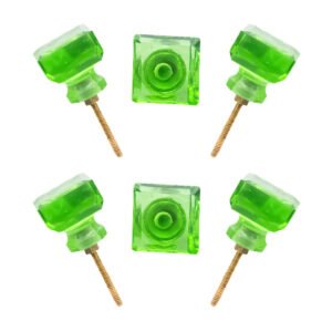 Emerald green square crystal glass knob with a brass base, set of 6