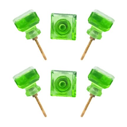 Emerald green square crystal glass knob with a brass base, set of 6