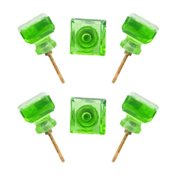Emerald green square crystal glass knob with a brass base, set of 6